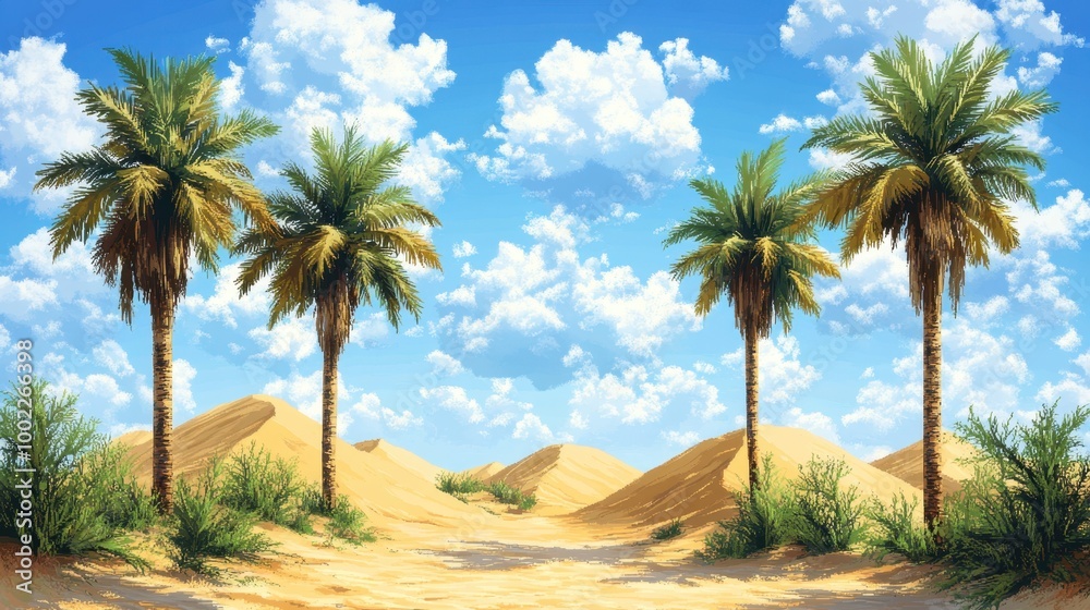 Serene Desert Oasis with Lush Palm Trees Serene Desert Oasis with Lush Palm Trees