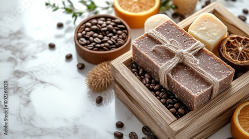 Natural coffee soap and scrub products arranged on a wooden tray with coffee ...