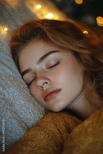 Young woman peacefully sleeping in a softly lit bedroom during nighttime