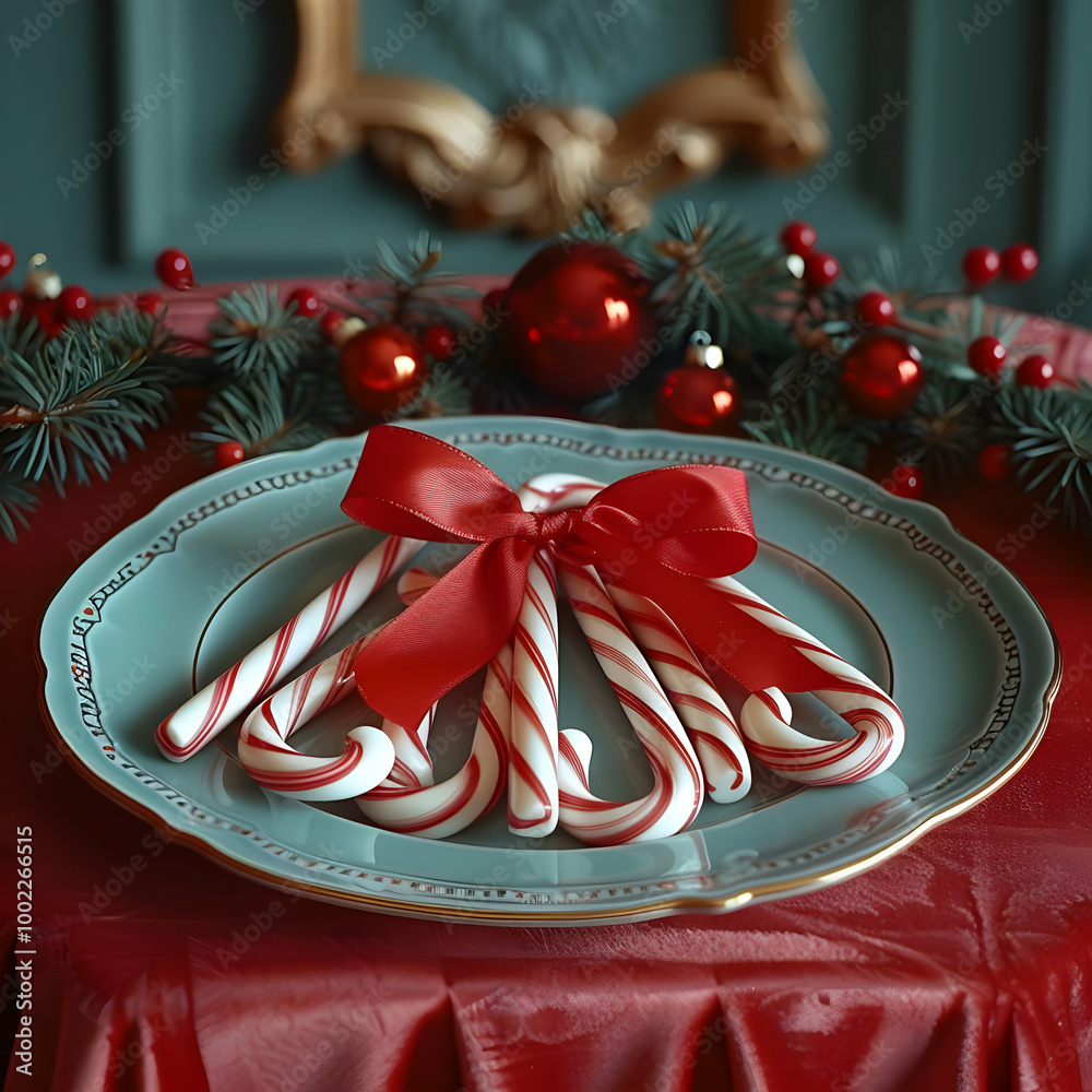 Candy Canes on a Plate with Red Ribbon - Christmas Still Life Illustration Candy Canes on a Plate with Red Ribbon - Christmas Still Life Illustration