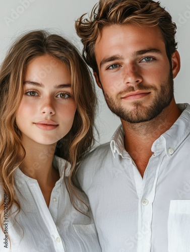 Young couple poses together in casual white shirts against a neutral background