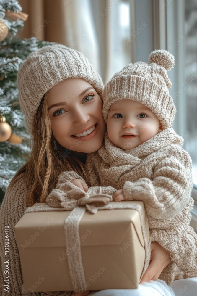 Obraz premium Mother and baby joyfully celebrating Christmas by the tree with a gift in hand
