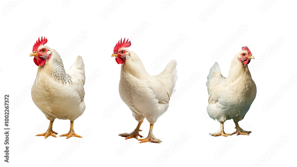 Three Domestic Chickens in Different Poses Three Domestic Chickens in Different Poses