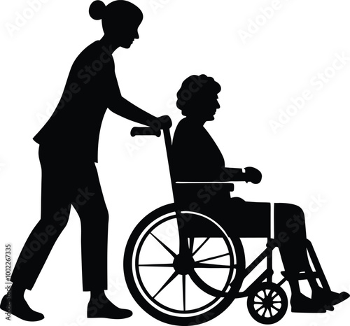 Silhouette of a young man pushing a wheelchair with an elderly woman. vector illustration black and white.