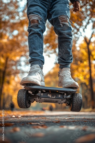Person riding electric skateboard through autumn park in the late afternoon