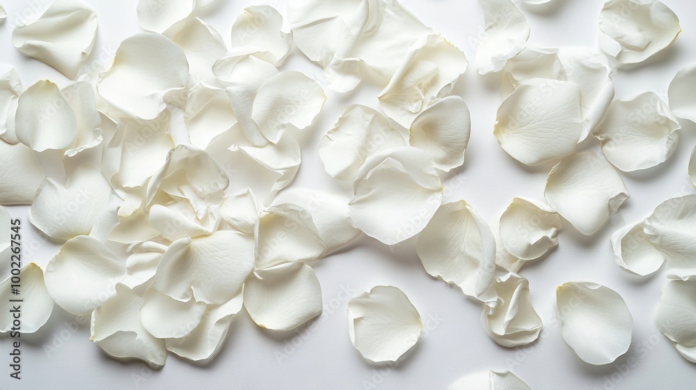 A white plate sits atop a white table, holding a single slice of cake, while a pile of white flowers rests nearby A white plate sits atop a white table, holding a single slice of cake, while a pile of white flowers rests nearby