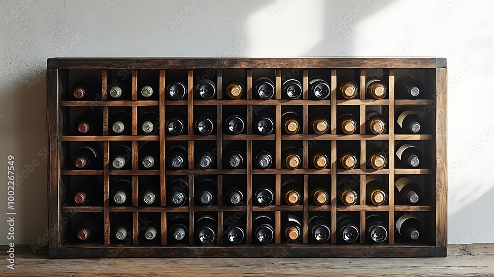 Sleek modular wine cube storage, designed in dark wood with clean lines, arranged against a white wall, soft natural light casting shadows, wine bottles neatly stored in a grid,