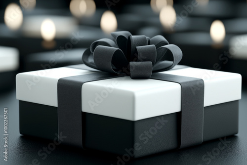 A black and white box with a bow on top of it. The box is sitting on a dark surface