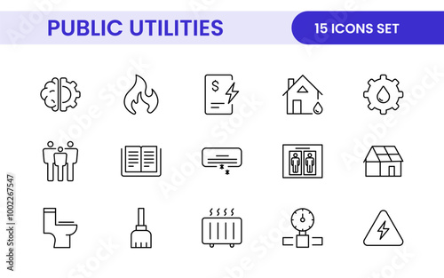 Public utilities linear signed icon collection. Signed thin line icons collection. Set of public utilities simple outline icons.