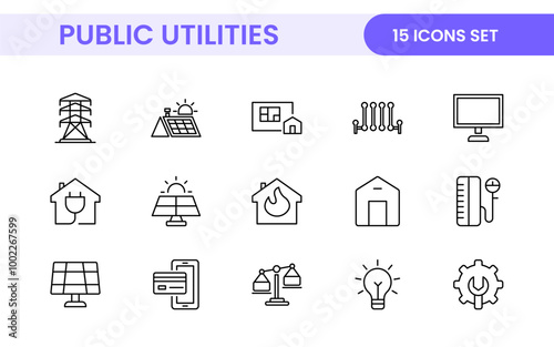 Public utilities linear signed icon collection. Signed thin line icons collection. Set of public utilities simple outline icons.