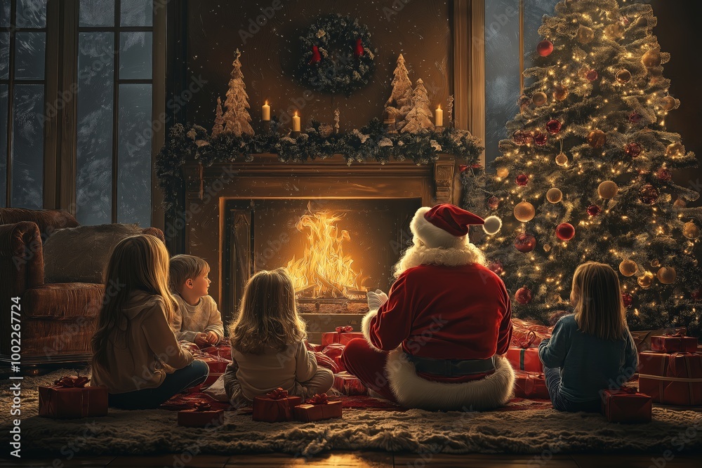 In a cozy room decorated for Christmas, Santa Claus engages a group of children in storytelling In a cozy room decorated for Christmas, Santa Claus engages a group of children in storytelling