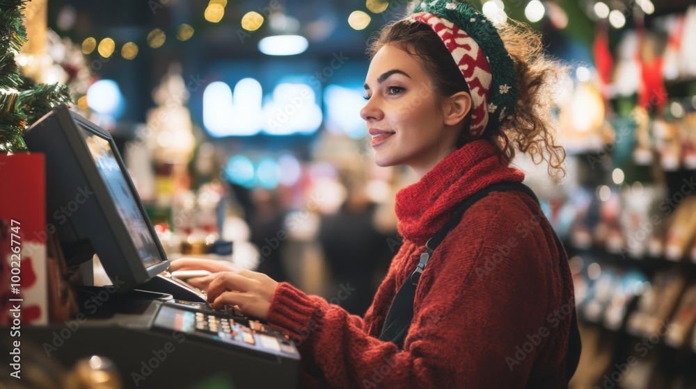 A Woman Operating a Cash Register in a Festive Setting A Woman Operating a Cash Register in a Festive Setting