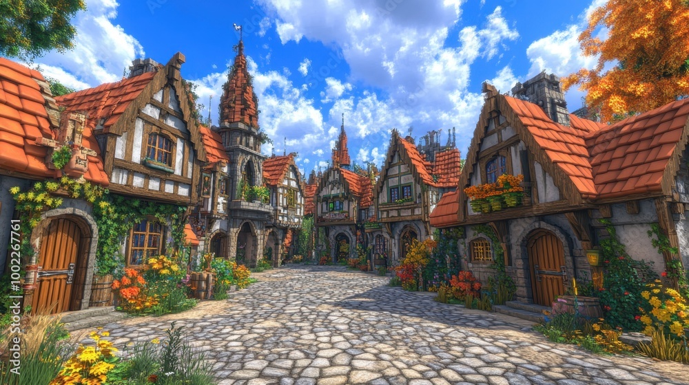 Fototapeta premium Charming Medieval Village with Blocky Houses and Cobblestones