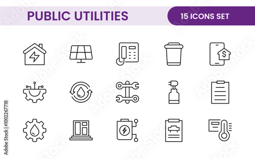 Public utilities linear signed icon collection. Signed thin line icons collection. Set of public utilities simple outline icons.