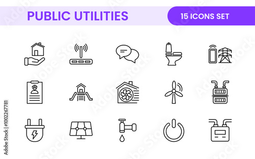 Public utilities linear signed icon collection. Signed thin line icons collection. Set of public utilities simple outline icons.