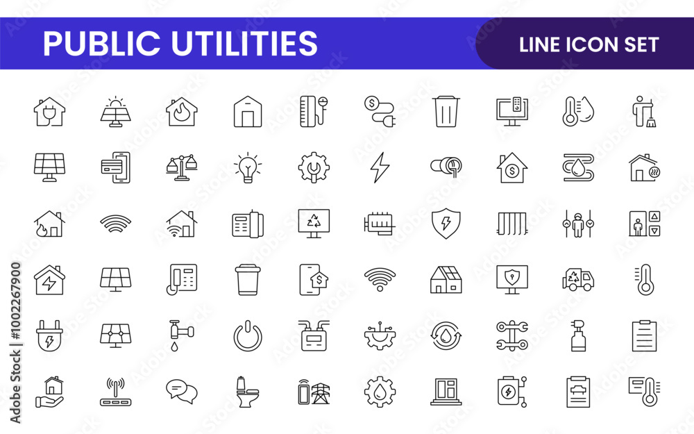 Public utilities linear signed icon collection. Signed thin line icons collection. Set of public utilities simple outline icons. Public utilities linear signed icon collection. Signed thin line icons collection. Set of public utilities simple outline icons.