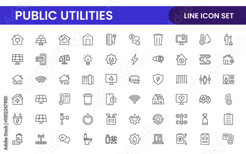 Public utilities linear signed icon collection. Signed thin line icons collection. Set of public utilities simple outline icons.
