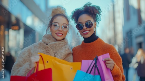 Two friends smiling while holding colorful shopping bags on a street in winter photo