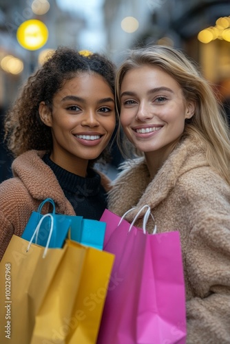 Two women shopping with colorful bags in a sunny urban street during daytime