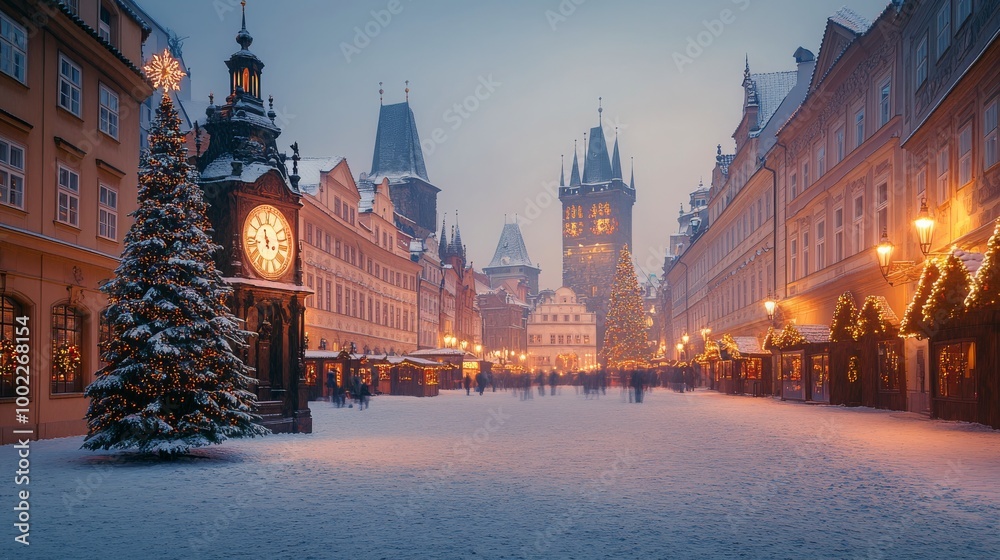 Obraz premium Evening winter market in Prague with festive lights, snow-covered streets, and historical buildings