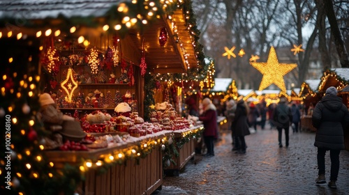 Festive holiday market in a charming winter setting with twinkling lights and...