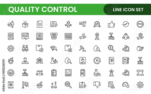 Quality Control line icon set. Included the icons as inspect, QA, qualify, quality control, check, verify, and more.