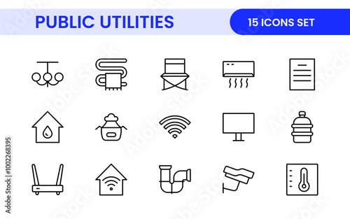 Public utilities linear signed icon collection. Signed thin line icons collection. Set of public utilities simple outline icons.