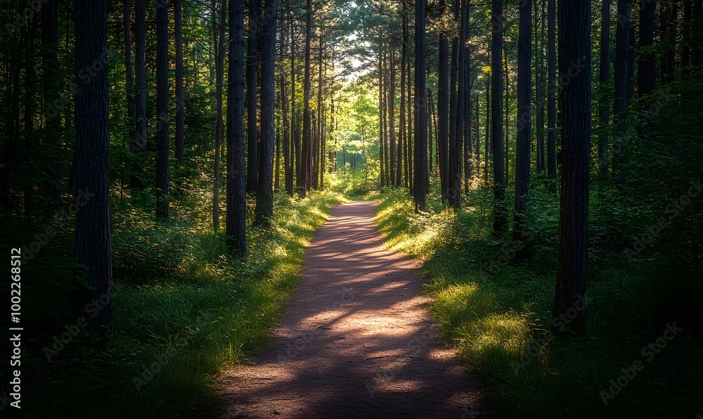 Fototapeta premium A serene forest path illuminated by soft, dappled sunlight, casting long shadows on the earthy trail, Generative AI 