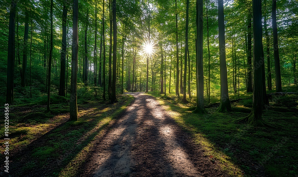 Fototapeta premium A serene forest path illuminated by soft, dappled sunlight, casting long shadows on the earthy trail, Generative AI 