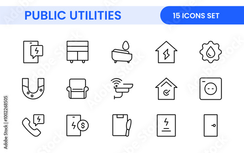 Public utilities linear signed icon collection. Signed thin line icons collection. Set of public utilities simple outline icons.