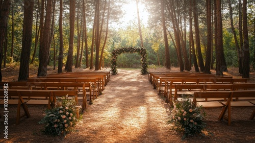 Outdoor wedding ceremony setup in a tranquil forest with floral decorations a...