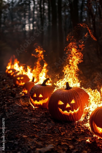 Glowing jack-o'-lanterns with flames illuminating a dark forest path during H...