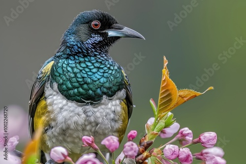 A beautiful New Zealand tui bird on a flowering cherry with a natural background. photo