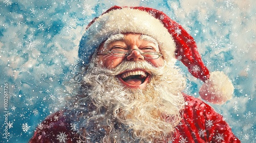 Jolly Santa Claus laughs joyfully amidst falling snowflakes, embodying the festive spirit of Christmas and spreading holiday cheer.