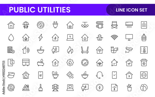 Public utilities linear signed icon collection. Signed thin line icons collection. Set of public utilities simple outline icons.