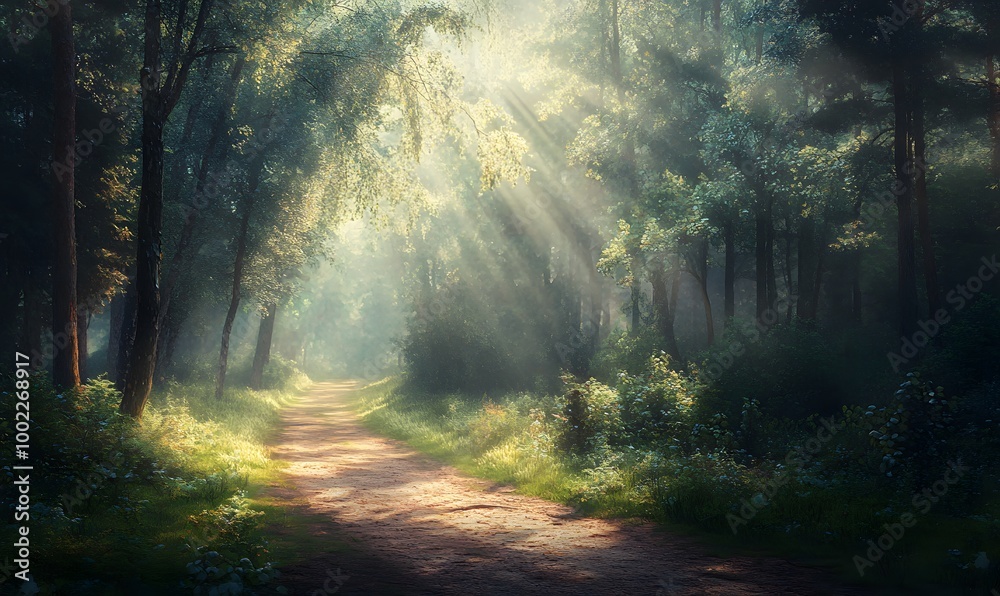 Obraz premium A serene forest path illuminated by soft, dappled sunlight, casting long shadows on the earthy trail, Generative AI 