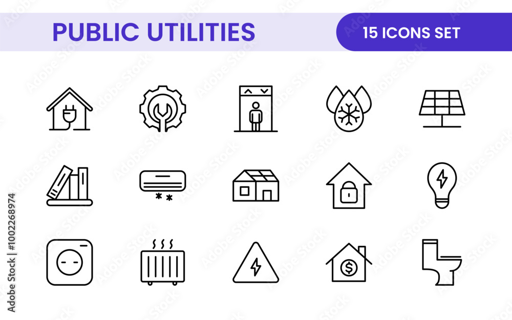 Public utilities linear signed icon collection. Signed thin line icons collection. Set of public utilities simple outline icons. Public utilities linear signed icon collection. Signed thin line icons collection. Set of public utilities simple outline icons.