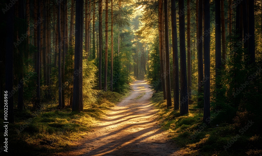 A serene forest path illuminated by soft, dappled sunlight, casting long shadows on the earthy trail, Generative AI A serene forest path illuminated by soft, dappled sunlight, casting long shadows on the earthy trail, Generative AI