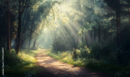 A serene forest path illuminated by soft, dappled sunlight, casting long shadows on the earthy trail, Generative AI 