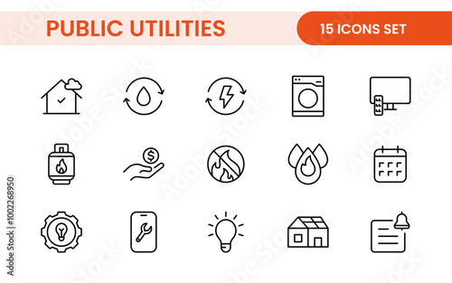 Public utilities linear signed icon collection. Signed thin line icons collection. Set of public utilities simple outline icons.