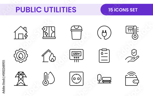 Public utilities linear signed icon collection. Signed thin line icons collection. Set of public utilities simple outline icons.