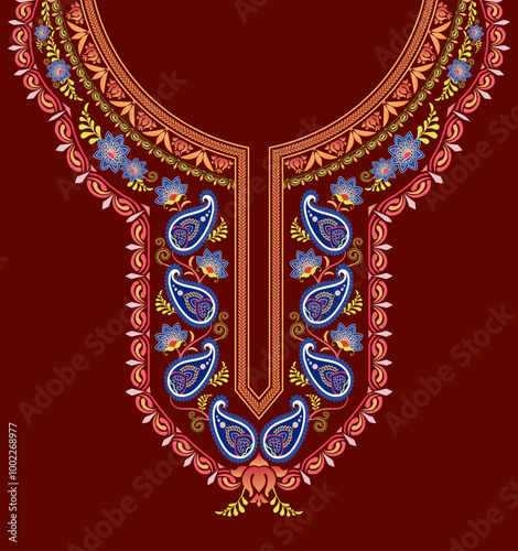 The colorful neck design features floral paisley and scroll motifs on a dark orange background for embroidery Indian kurta. Neck decorative pattern design for kurta, kurti, kaftan dress, and blouse.