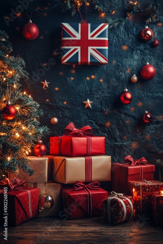 Decorative Union Jack bunting hanging on a rustic blue wooden wall for a fest...