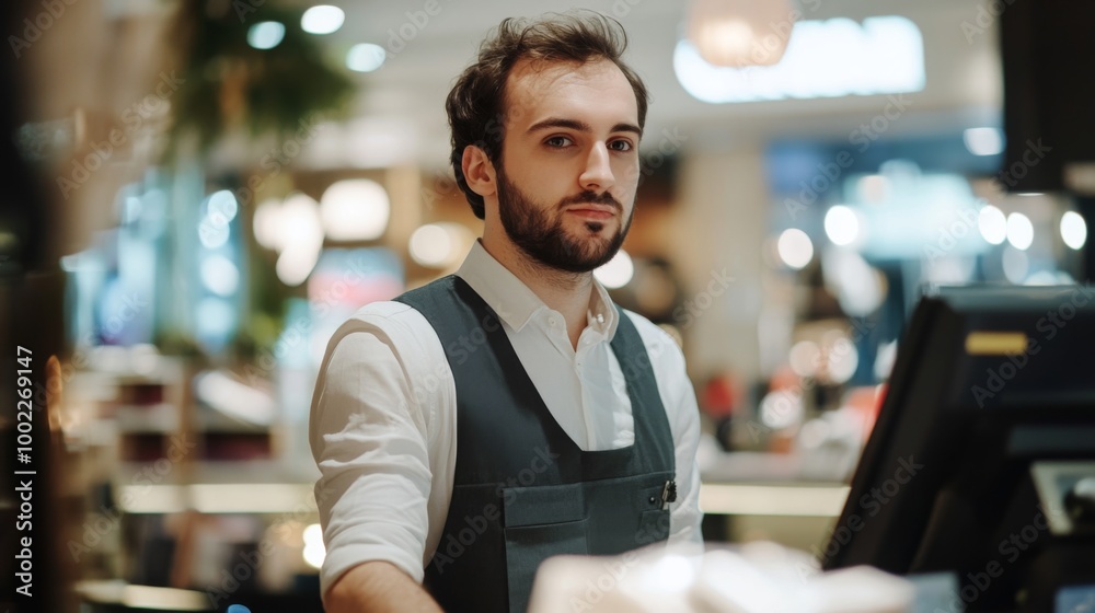 Portrait of a Man in a White Shirt and Black Vest Working at a Cash Register Portrait of a Man in a White Shirt and Black Vest Working at a Cash Register
