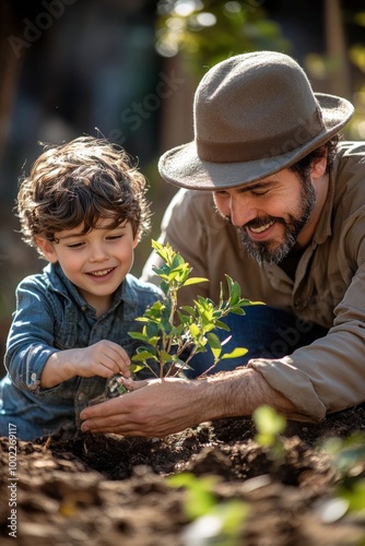 Child plants a young tree with help in a garden during sunny afternoon