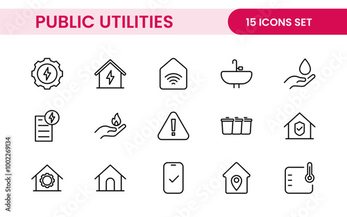 Public utilities linear signed icon collection. Signed thin line icons collection. Set of public utilities simple outline icons.