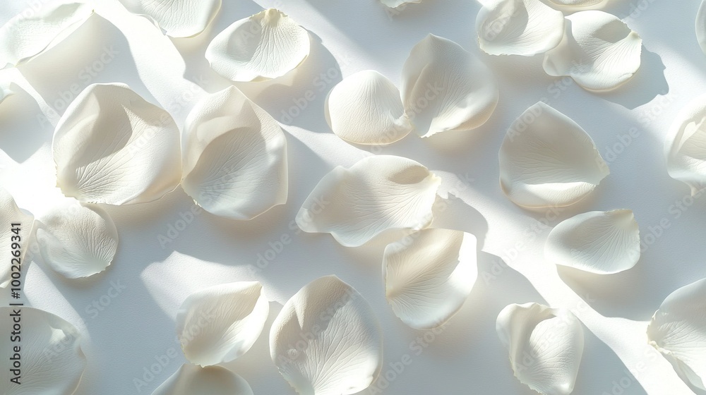   A white bouquet rests on a pristine surface, casting a subtle shadow of its delicate petals