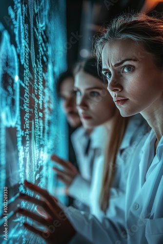 Scientists analyze data in a high-tech laboratory during the evening hours