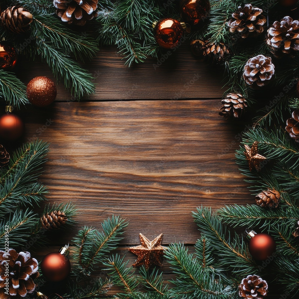 Holiday decor with pine branches and ornaments on a wooden table, perfect for festive vibes Holiday decor with pine branches and ornaments on a wooden table, perfect for festive vibes