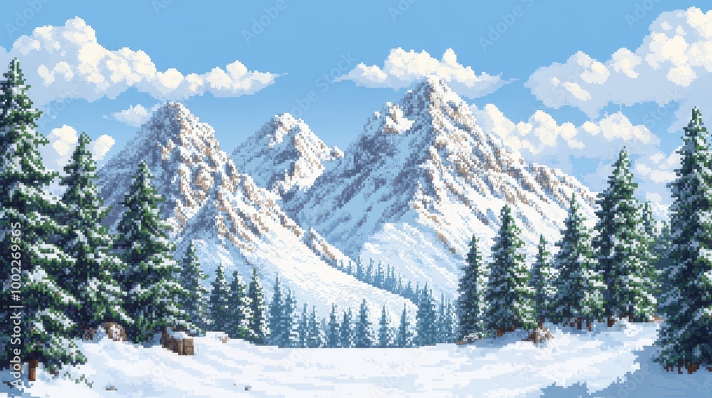 Snowy Mountain Landscape with Blocky Peaks and Trees Snowy Mountain Landscape with Blocky Peaks and Trees